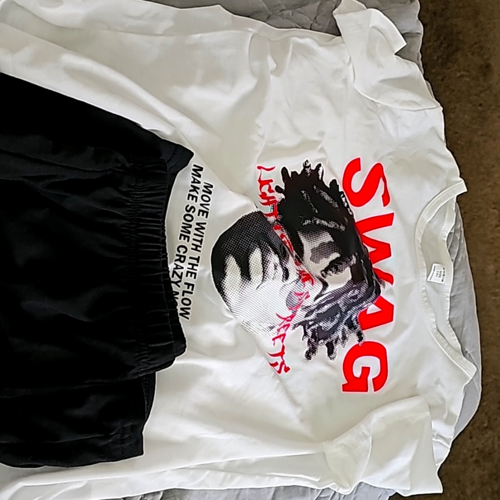 2pcs Kids Shein short outfit White Swag Shirt/Black Shorts sz 12y